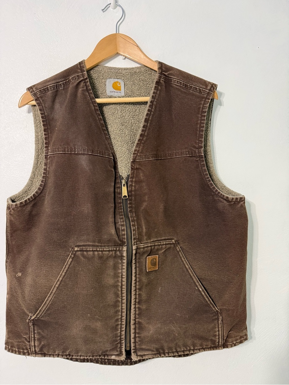 Carhartt Brown Sherpa-Lined Work Vest distressed flaws